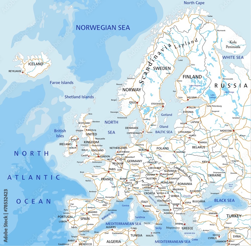 Fototapeta Wysoka szczegółowa mapa drogowa Europy z etykietowaniem.