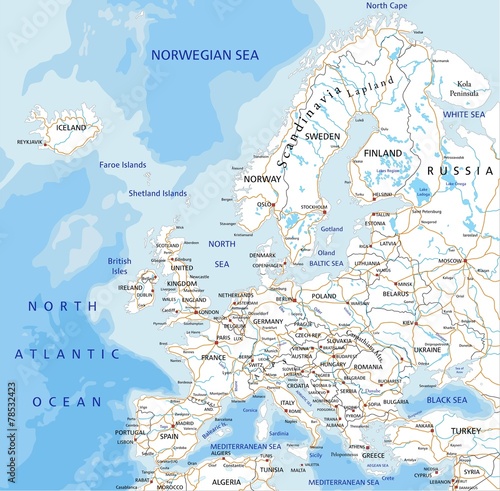 High detailed Europe road map with labeling.