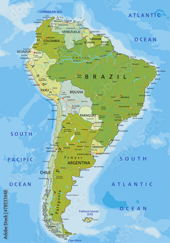 Highly detailed editable political map. South America.