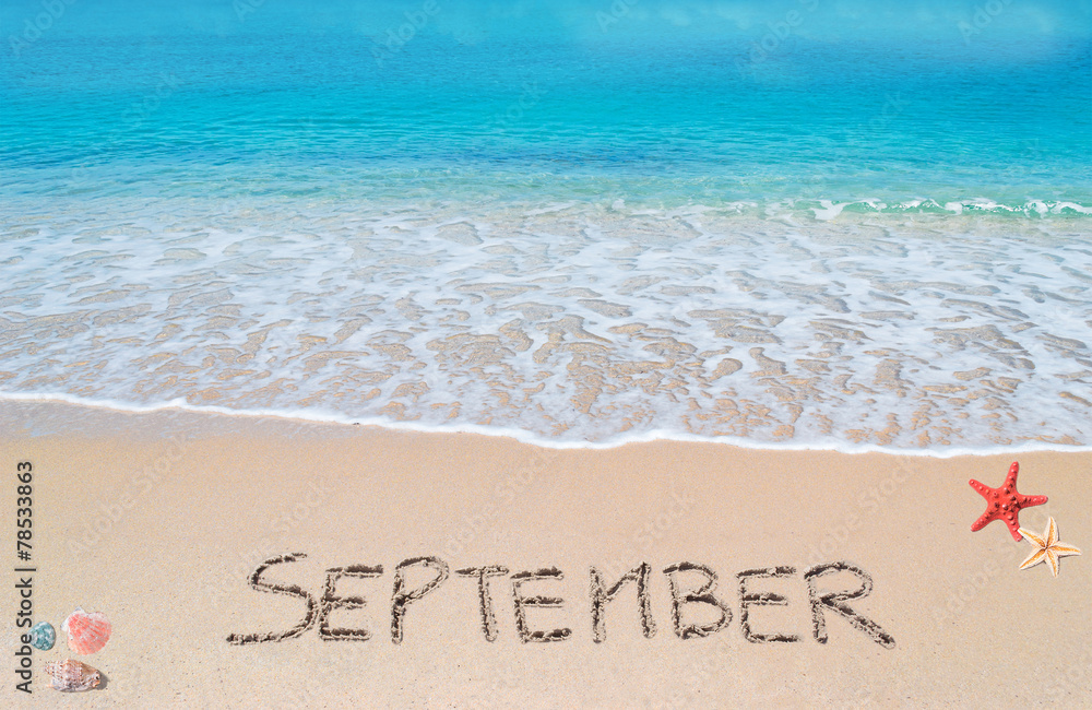 september on a tropical beach - obrazy, fototapety, plakaty 