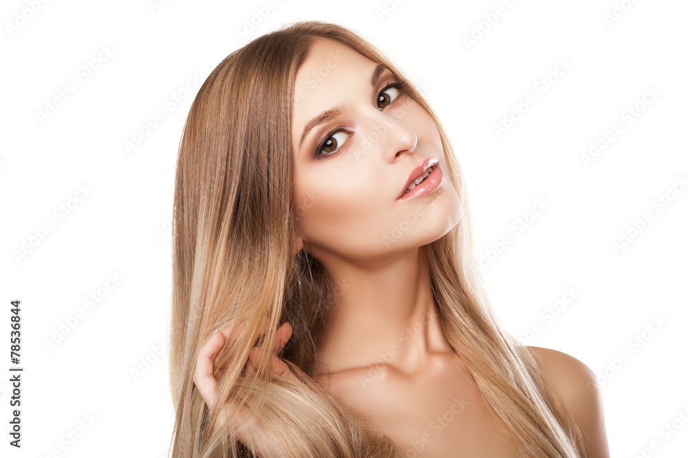 Fototapeta premium Woman with long straight blond hairs isolated