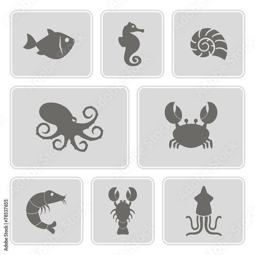 set of monochrome icons with sea food and products