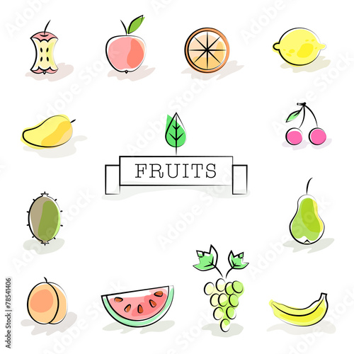 Obraz na plátne Collection of stylized fruit icons. Vector illustration in soft