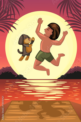 Boy and his dog jumping off the dock