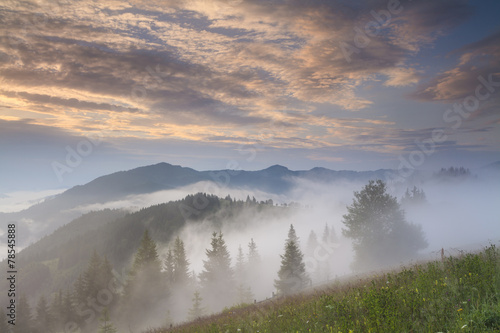 Amazing sunrise in the mountains with fog and sun. Carpathian Mo © Anton Petrus