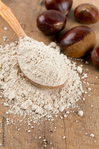 chestnut flour in a wooden spoon