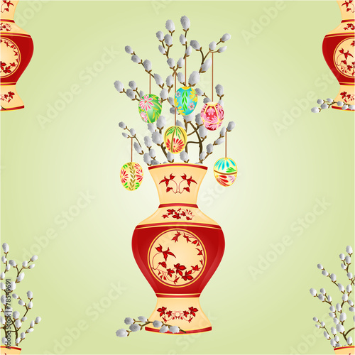 Seamless texture vase with branch pussy willow  vector