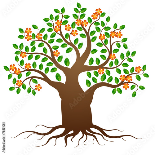 Green tree with roots and flowers on white background