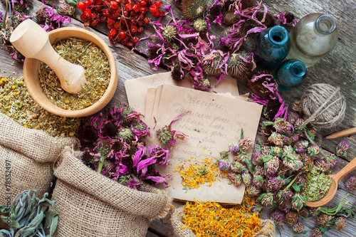 Healing herbs in hessian bags, wooden mortar, bottles with tinct