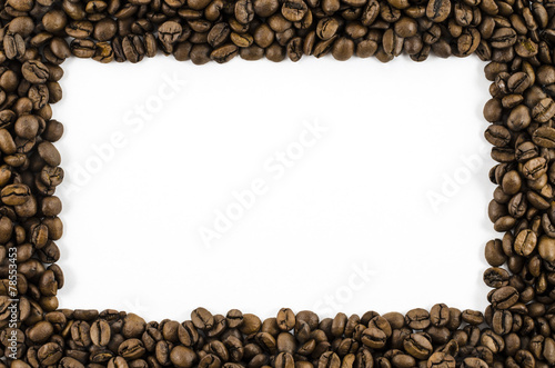Frame of coffee beans on white background