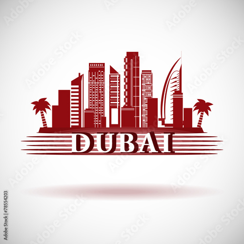 Dubai City skyline with reflection. Typographic Design