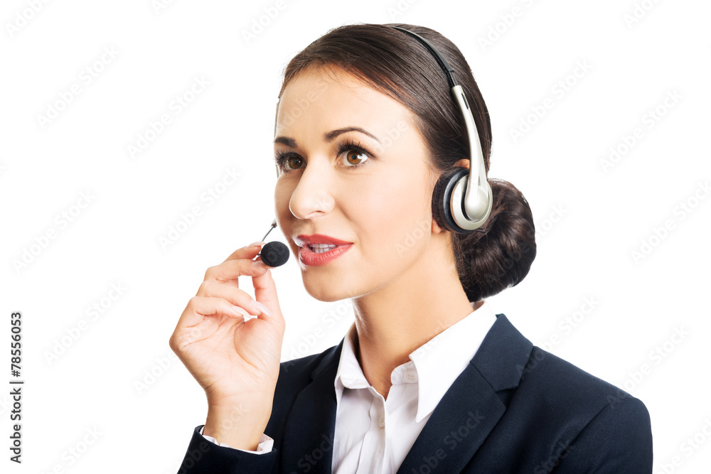 Portrait of call center woman talking to customer Portrait of call center woman talking to customer