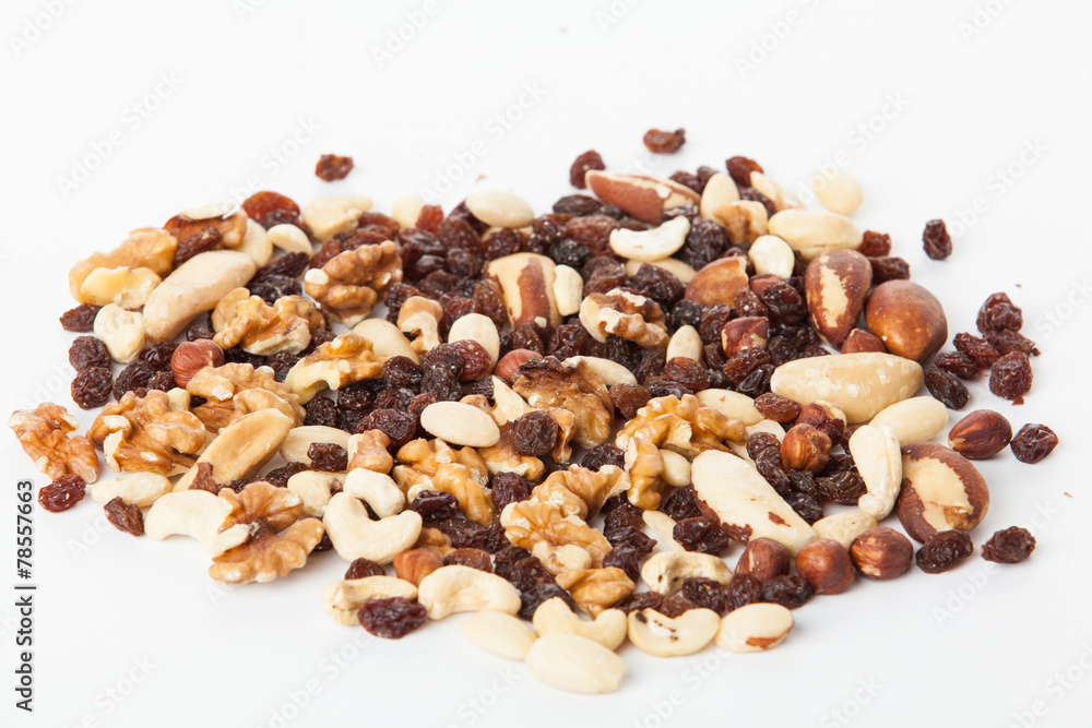 Mix of nuts close up on white.  mixed nut