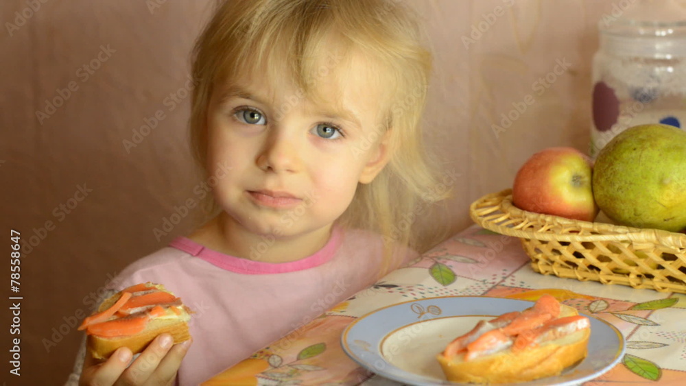 Funny Cute Little Girl Eat Salmon Fish Funny Cute Little Girl Eat Salmon Fish