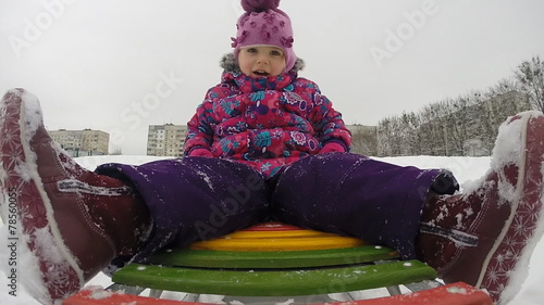 Child Sledding  and Crash, Kid Playing, Slow Motion