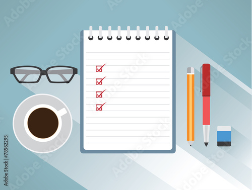 Note paper check with a eyeglasses, pencils, pens, coffee