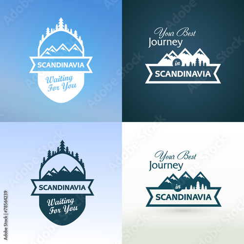 Tour to Scandinavia. Set of Badges with north landscapes