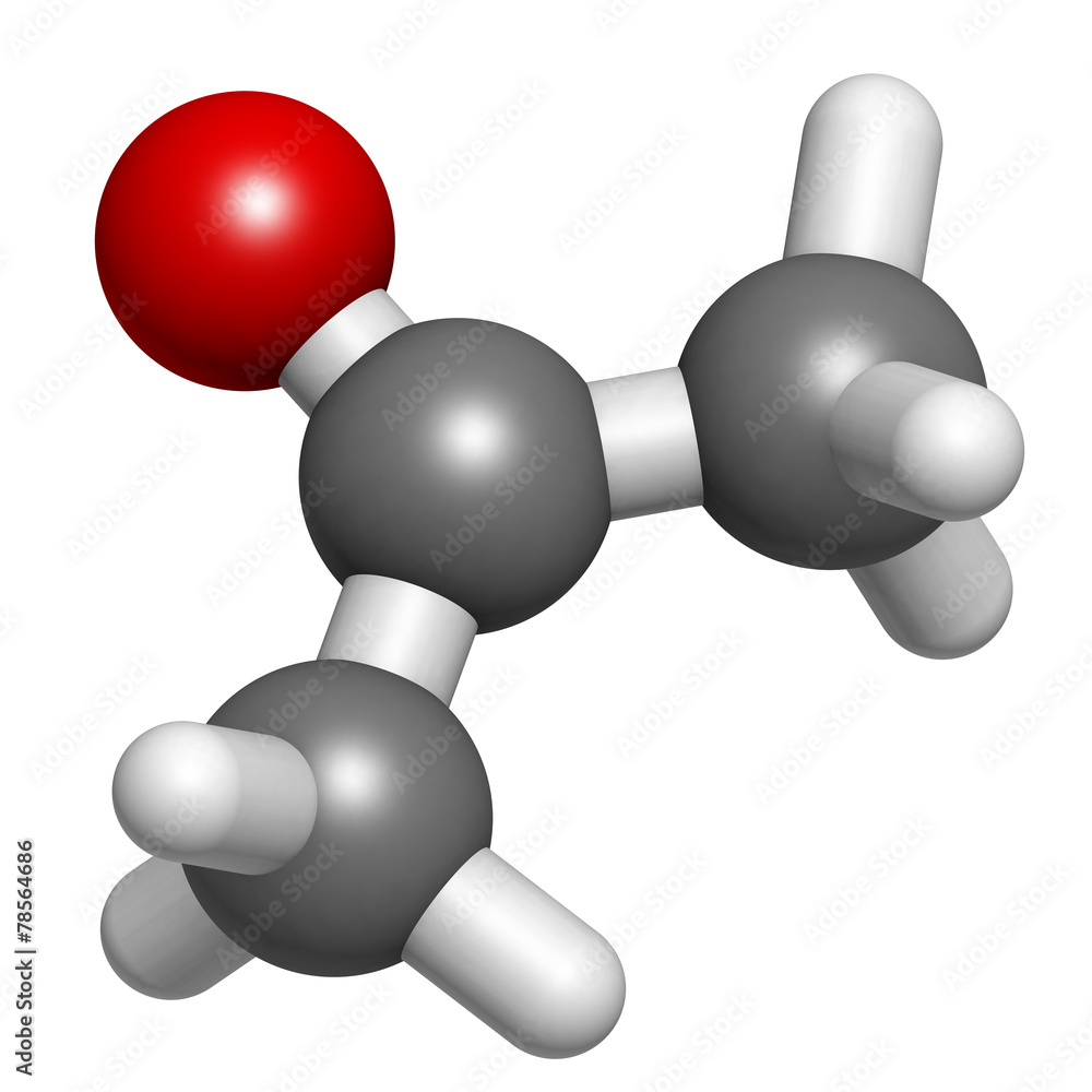 Acetone solvent molecule, molecular model. Acetone solvent molecule, molecular model.