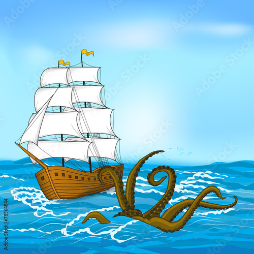 vintage sailing ship and kraken at sea