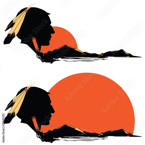 Vector indian silhouette on background of mountains and rising s
