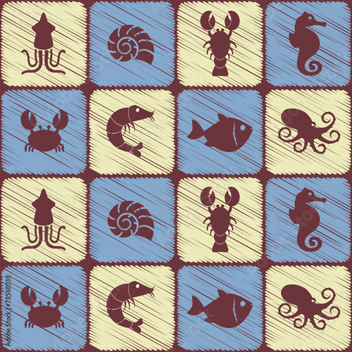 seamless background with sea food and products