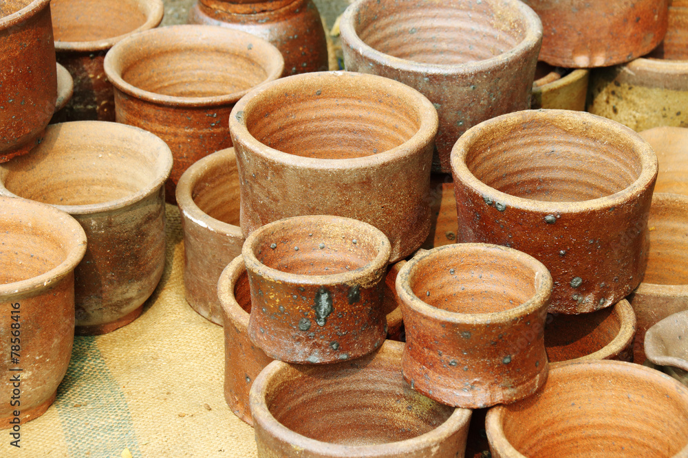 close up old flower clay pot in market close up old flower clay pot in market