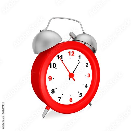 Red alarm clock on white background.