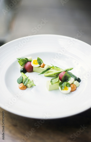 mixed vegetable and herb salad with egg and broccoli mousse