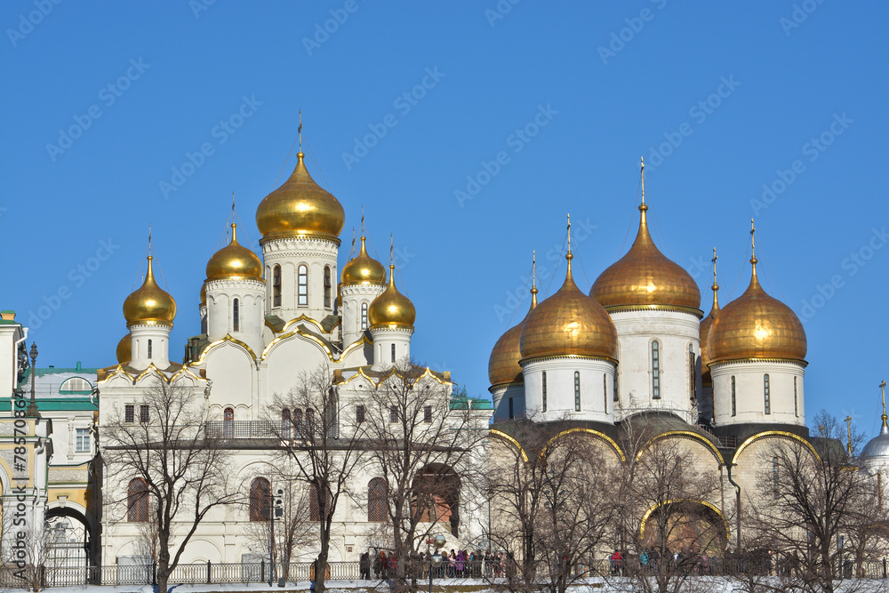 Golden domes of churches in the Moscow Kremlin. Golden domes of churches in the Moscow Kremlin.
