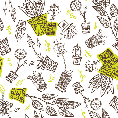 Houseplants in flowerpots seamless pattern
