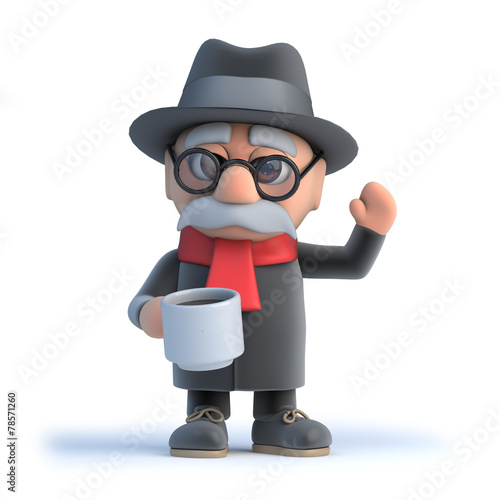 3d Old man has a cup of coffee