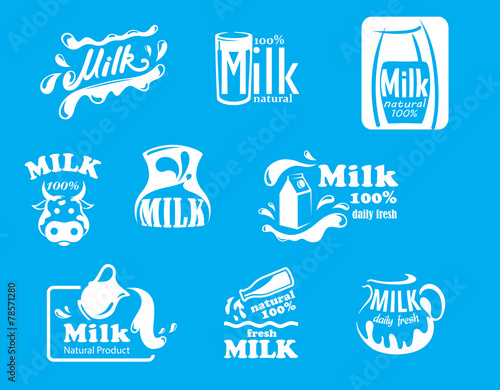 Blue and white milk symbols, icons or logos