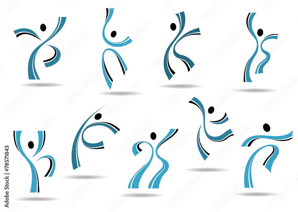 Fototapeta premium Set of stylized blue icons of dancing people
