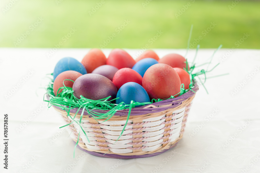 Painted eggs in basket as decoration for Easter Painted eggs in basket as decoration for Easter