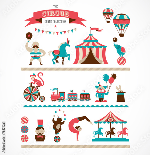 vintage huge circus collection with carnival, fun fair, vector