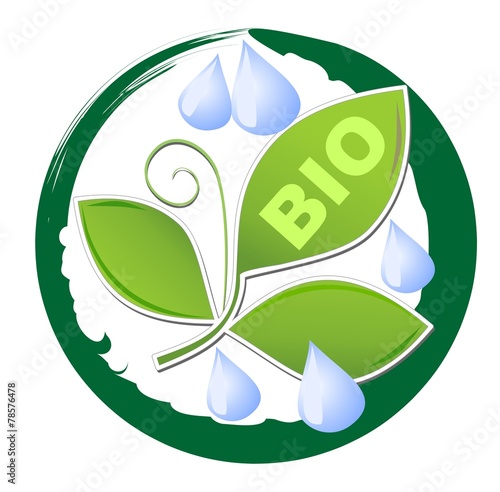 Circle label for bio product with green leaf and water drops 