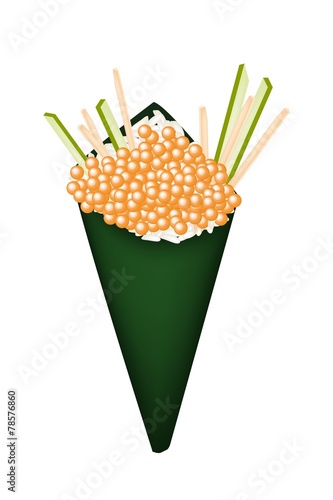 Delicious Tobiko Temaki or Salmon Caviar Temaki