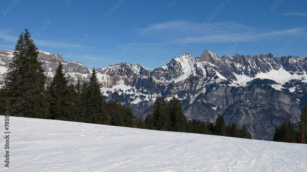 Ski slope and view of the Churfirsten
