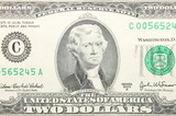 Close up of american two dollar bill.