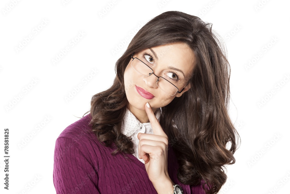 Pensive young woman with the glasses on a white background Pensive young woman with the glasses on a white background