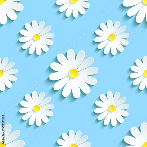 Fototapeta Naklejka Na Ścianę i Meble -  Spring blue background seamless pattern with chamomile