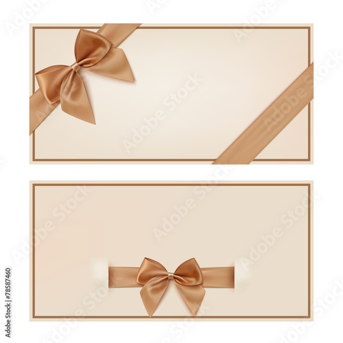 Gift voucher template with golden ribbon and a bow.