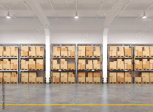 Obraz na plátně 3d rendered warehouse with many racks and boxes