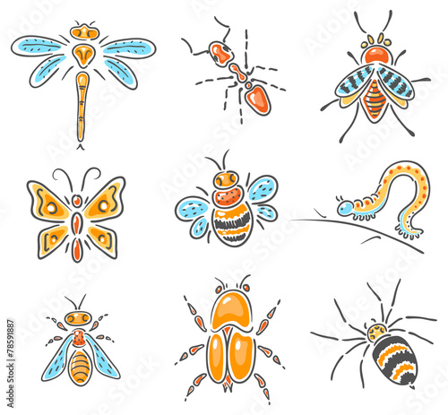 Set of different hand-drawn sketchy insects