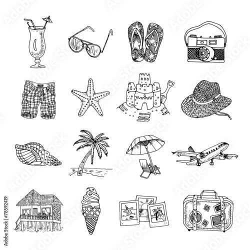 Summer vacation doodle sketch isons set