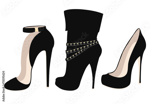 Set of fashionable black high heel shoes