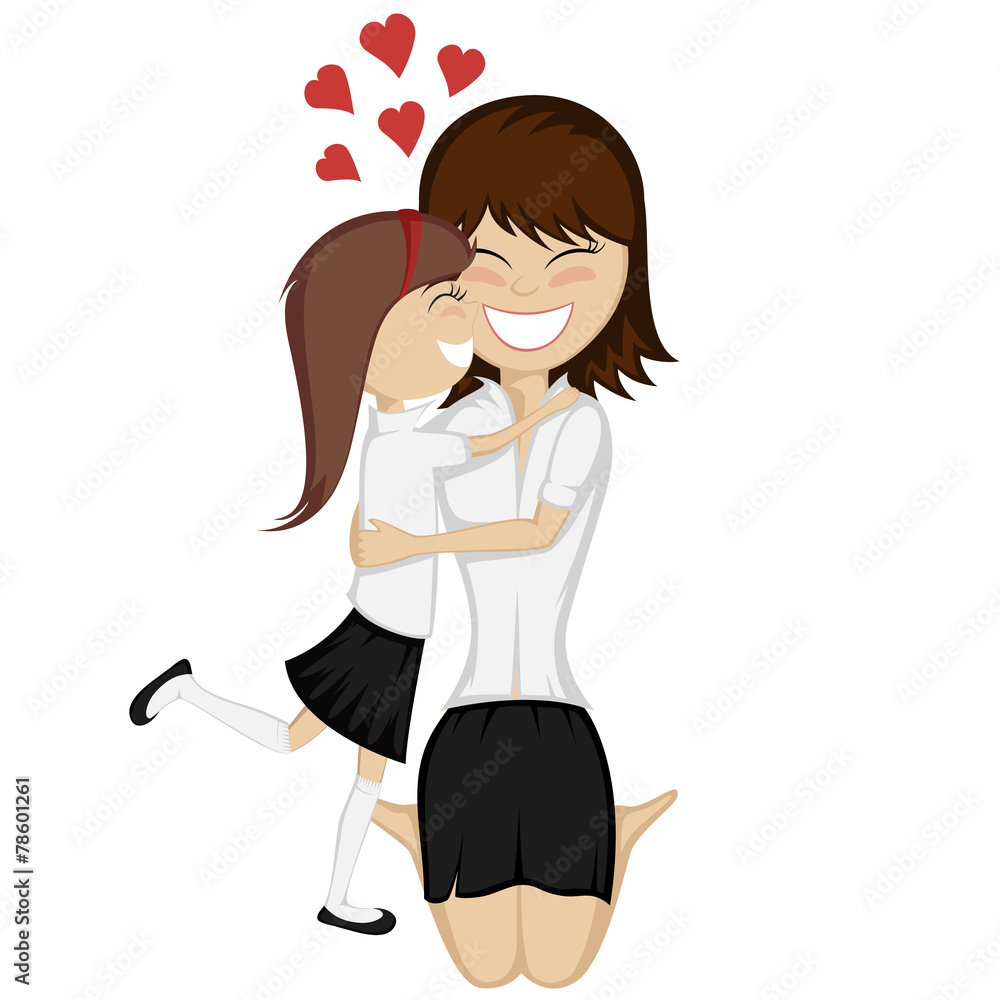 A cute brunette girl hugs her dark haired mother with love. A cute brunette girl hugs her dark haired mother with love.