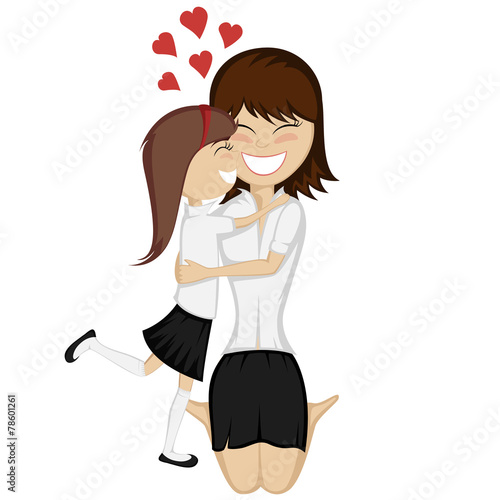 A cute brunette girl hugs her dark haired mother with love.
