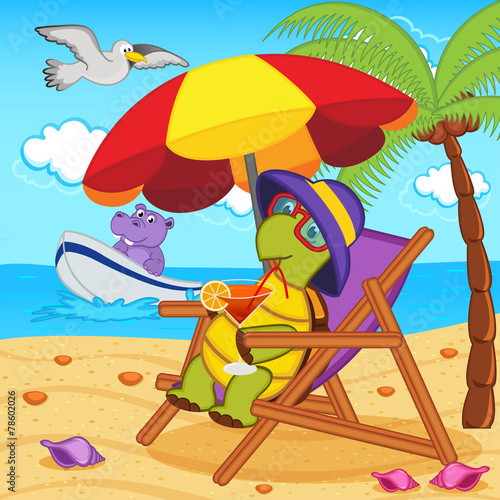 turtle drinking a cocktail in a lounge chair on the beach