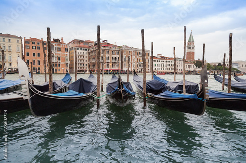 Moored gondolas in Venice, Italy.